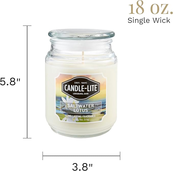 Candle-lite Scented Candles, Saltwater Lotus Fragrance, One 18 oz. Single-Wick Aromatherapy Candle with 110 Hours of Burn Time, White Color
