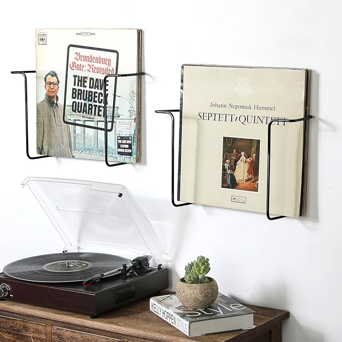 MyGift 2-Pack Vinyl Wall Mount Holder - Floating Record Shelf for Vinyl Display, Black Metal Record Wall Display Shelves