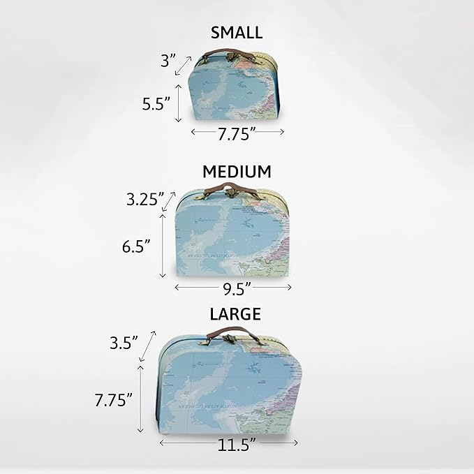 wald imports - Set of 3 Paperboard Suitcases -Decorative Storage Boxes - Suitcase Set for Decoration, Storage, and More (Blue Map)