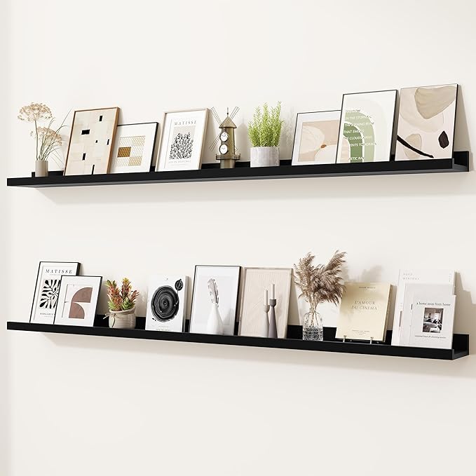 Heimlove Picture Ledge Shelf,56 inch Long Floating Shelves for Wall Set of 2,Black Picture Shelf with Lip for Wall Decor,Living Room,Bedroom,Bookshelf,Nursery,Perfume