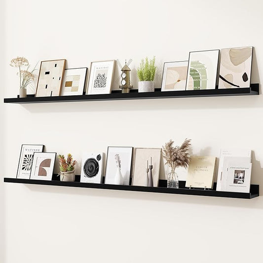 Heimlove Picture Ledge Shelf,56 inch Long Floating Shelves for Wall Set of 2,Black Picture Shelf with Lip for Wall Decor,Living Room,Bedroom,Bookshelf,Nursery,Perfume