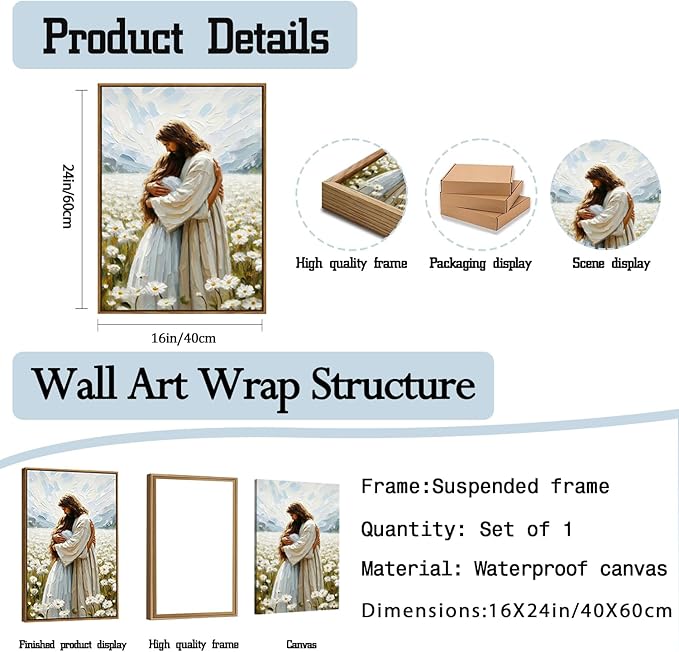 Jesus Embracing Woman Wall Art, Jesus Hugging Women Wall Decor Paintings, Religious Christian Bible Canvas Prints Pictures for Bedroom Living Prayer Room 16x24 inch Framed