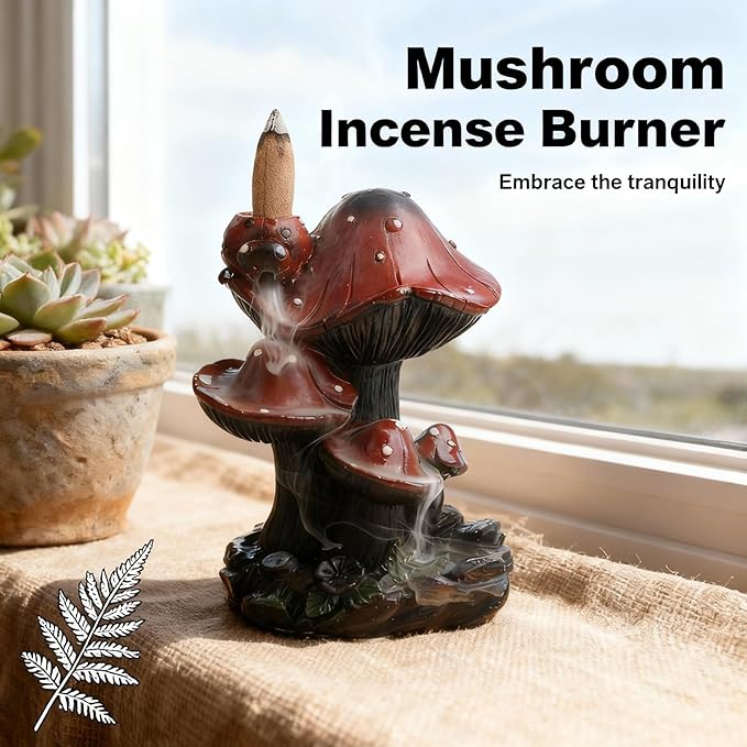 Incense Holder Waterfall Backflow Incense Burner Mushroom Decor with 20 Cones, Resin Relaxation Burner for Palo Santo, Home Office Meditation Desk Decor Zen Cottagecore for Mom