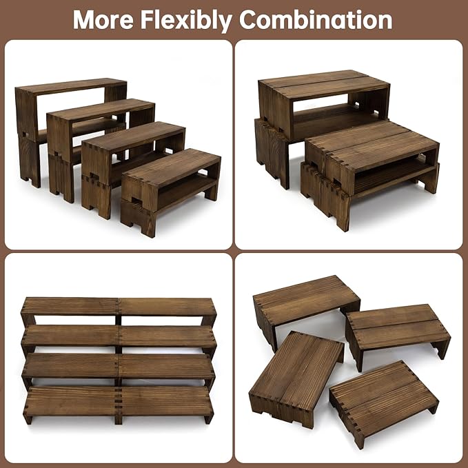 Yikaroeli Large Wooden Display Risers Higher Wood Stands Cupcake Stand 2 Pack 4 Tier Racks,Display Shelf Cologne Perfume Organizer Dessert for Vendor Events (Large/2Pack Brown)