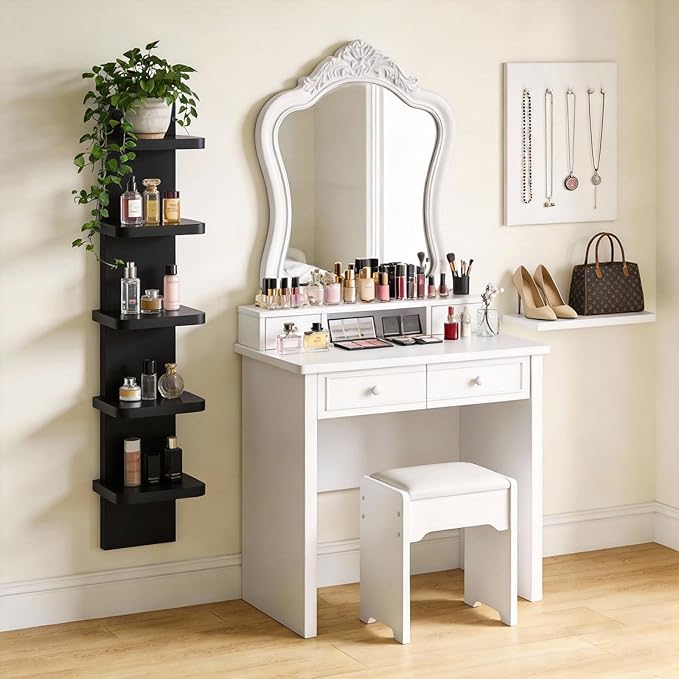 Versatile 5 Tier Wall Shelf Unit, Floating Shelves for Wall (Round Corner), Vertical Lack Wall Shelf for Bedroom, Vanity, Living Room, Home Decor Makeup Organizer Display, Black