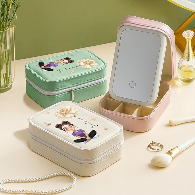 WANDERPRINT Personalized Floral Makeup Box with LED Mirror – Custom Name Birth Month Flower Jewelry Organizer, Travel Cosmetic Case Gift for Women & Girls on Christmas Birthday (Birth Month Girl 1)
