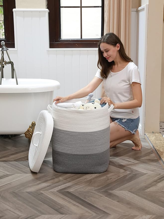 16”x16”x20” Rectangular Extra Large Storage Basket with Lid, Cotton Rope Storage Baskets, Laundry Hamper, Cloth Bin, for Clothes Towels Blankets Storage in Living Room, Light Grey/Grey