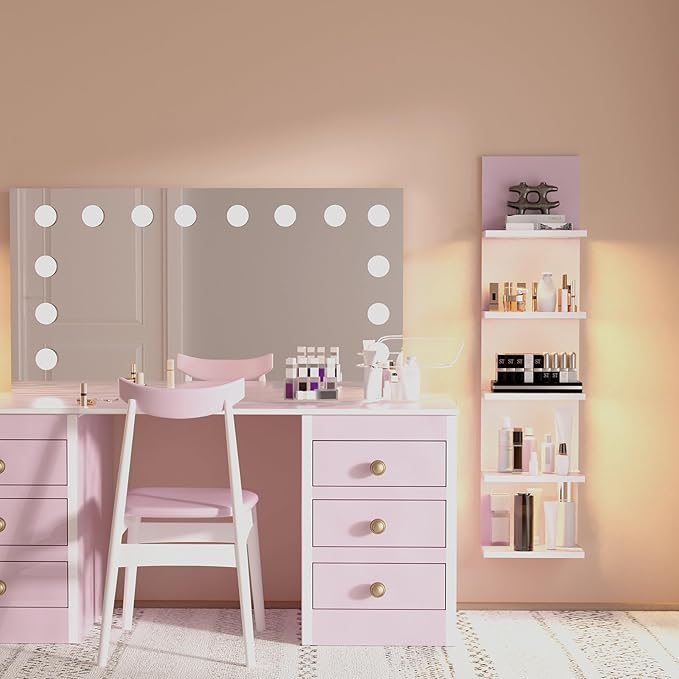 5 Tier Wall Shelves with LED Light, Vertical Column Shelf Floating Storage Home Decor Organizer Tall Tower Design Utility Shelf (Pink)
