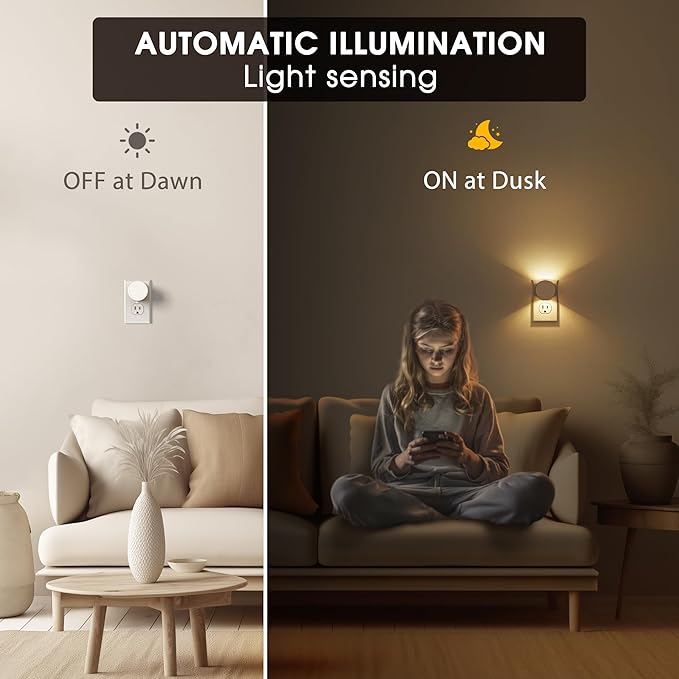 Briignite Night Lights Plug into Wall [2 Pack], White Night Light Dusk to Dawn Sensor Nightlight, Brightness Adjustable 3000K Soft White, Plug in Night Light for Bedroom, Hallway, Stairs, Kitchen