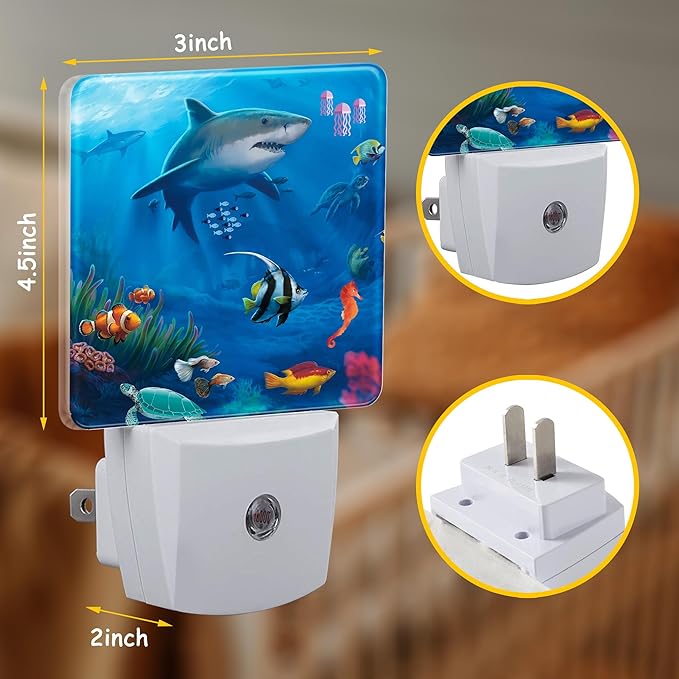 Tropical Underwater World Night Light,Shark Turtle Fish Jellyfish Plug-in Night Light Auto Dusk-to-Dawn Sensor Energy Efficient LED Lamp for Room Decor,Hallway,Kitchen,Bathroom,Nursery,Stairs