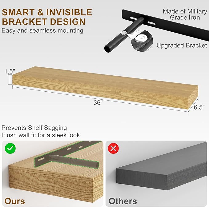 Fun Memories Floating Shelves for Wall, 36Inch Floating Shelves Set of 2, Hanging Shelf with Invisible Brackets, Bathroom Shelves for Living Room, Bedroom, Kitchen- Oak