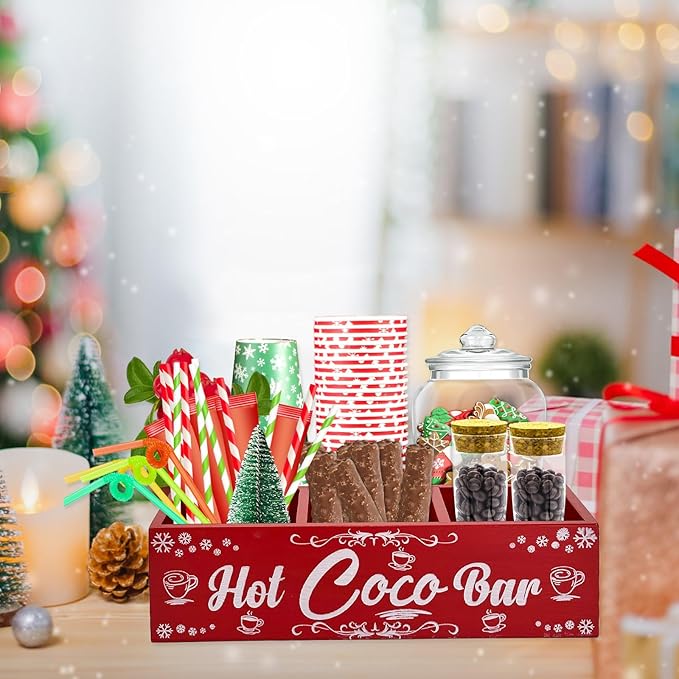Christmas Hot Cocoa Bar Wood Coffee Station Organizer Countertop with 4 Compartment Decorative Christmas Cocoa Wood Storage Bin Vintage Open Holder Box for Home Kitchen Holiday Decor