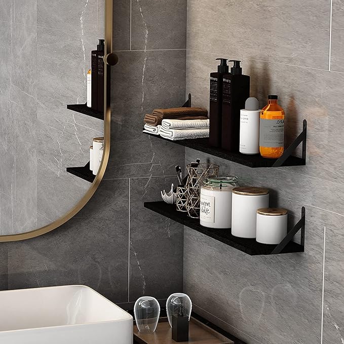 YGEOMER Wall Shelves, Black Wall Floating Shelves Different Sizes for Living Room, Bathroom, Bedroom, Kitchen, Home Decor (Set of 4)