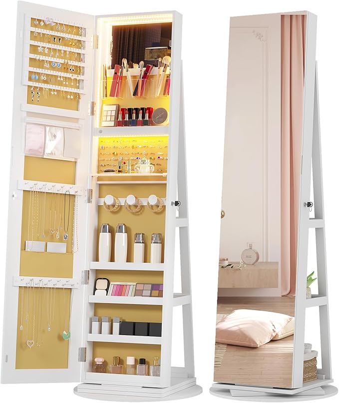 Vlsrka 360° Swivel Mirror Jewelry Cabinet, Large Jewelry Armoire Cabinet Standing, Lockable Full Length Mirror with Storage, 3 LED Lights, Foldable Makeup Shelf, Beige Velvet, White