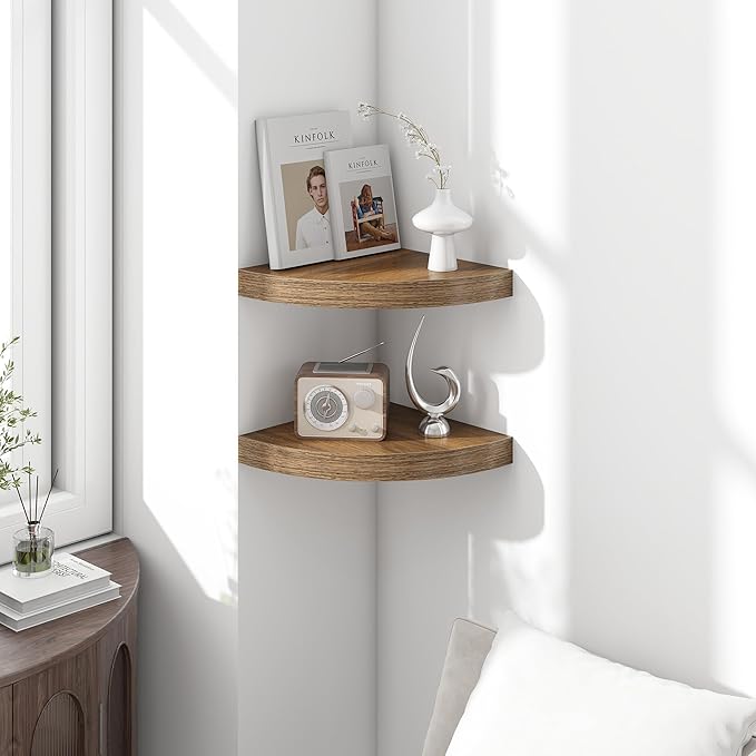 Fun Memories Floating Corner Shelves Set of 2 - Rustic Wood Wall Mounted Storage and Display Shelves for Living Room, Bedroom, Kitchen, Bathroom - Space Saving Home Decor, Walnut