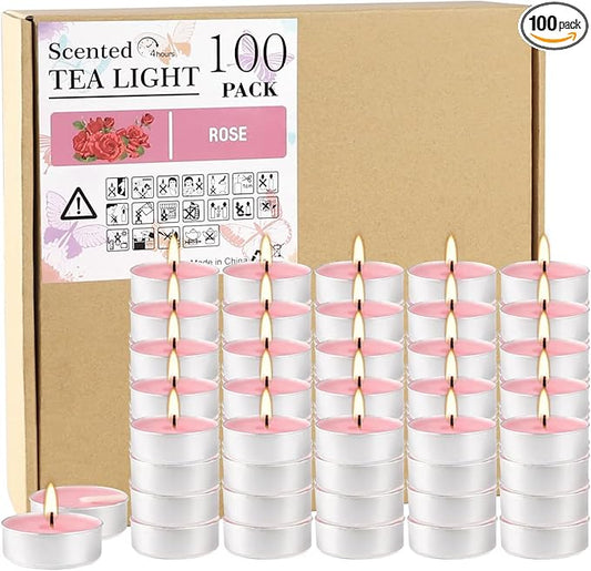 Howemon Pink Rose Scented Tealight Candles - 4 Hours - Giant 100 Bulk Packs - Smokeless Tea Lights for Valentine's Day, Weddings, Christmas, Home Decorative