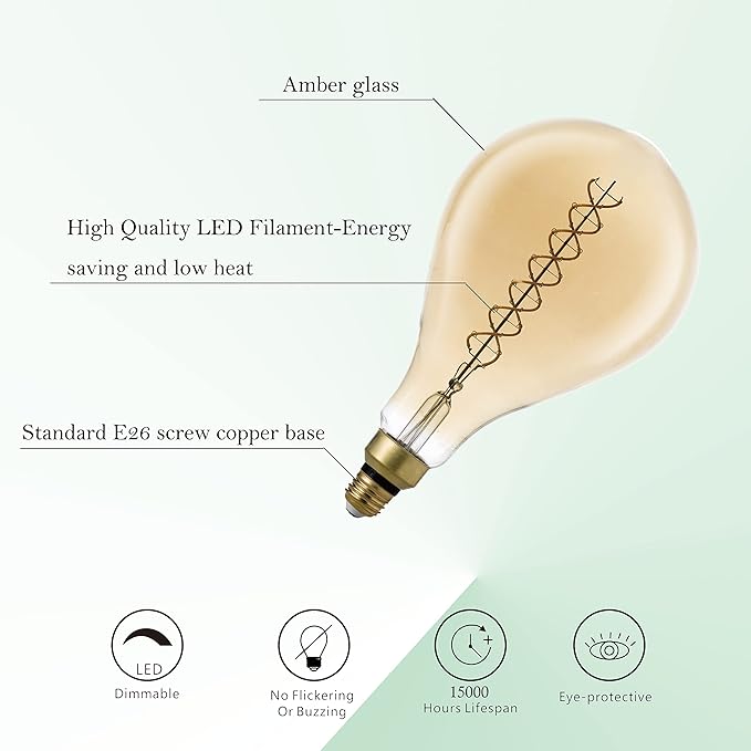 SD LUX Oversized Vintage LED Light Bulbs 8W, Medium Base E26, Giant Huge Edison Bulb PS52(PS160) Large Decorative Bulbs, Dimmable 450LM(50W Equi) Pendant Lighting Warm White 2200K,1 Pack