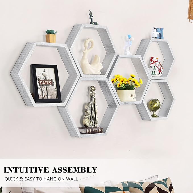NORCEESAN Hexagon Floating Shelves Set of 6 Honeycomb Shelves Wooden Farmhouse Hexagonal Shelf for Wall Decor Hanging Shelves Honeycomb Storage Shelf for Bedroom Living Room Nursery, Grey-White