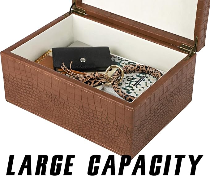 HofferRuffer Faux Leather Decorative Box, Large Wooden Structure Keepsake Box Accessory Organizer Jewelry Organizer with Hinged Lid, Storage Container for Home or Office (CrocoBrown)