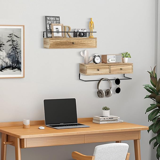 dreampossible 2-Pack Rustic Floating Shelves with Drawer, Wall Mounted Bathroom Shelf, 15.8 Inch Long, Brown Wood & Metal, 30 lbs Capacity