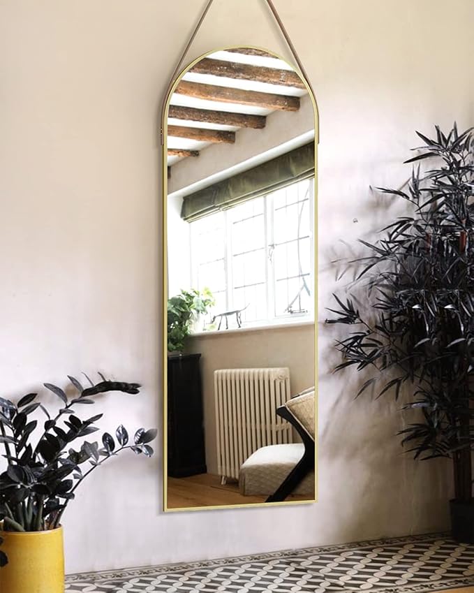 OGCAU 48'' x 16'' Full Length Mirror Wall-Mounted, Full Body Hanging Mirror for Wall and Door in Bedroom, Living Room, Arched-top with Straps, Hanging with Aluminum Alloy Frame (Gold)