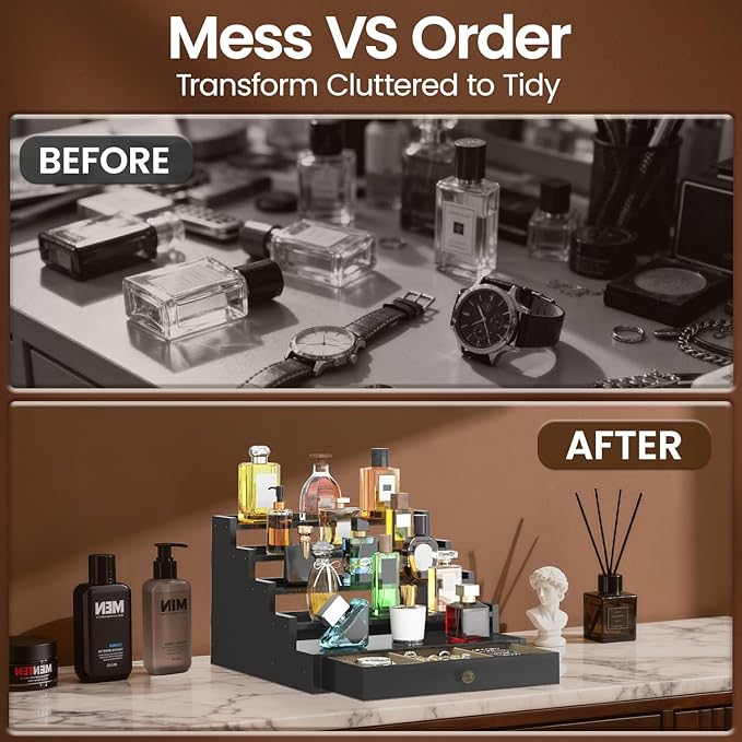 MODOWEY Perfume Organizer Cologne Holder Stand for Men, Wooden Wide-Spaced Shelf with Drawer, 5 Tier Large Capacity Storage Rack for Dresser Countertop, for a Neat, Accessible Fragrance Display, Black
