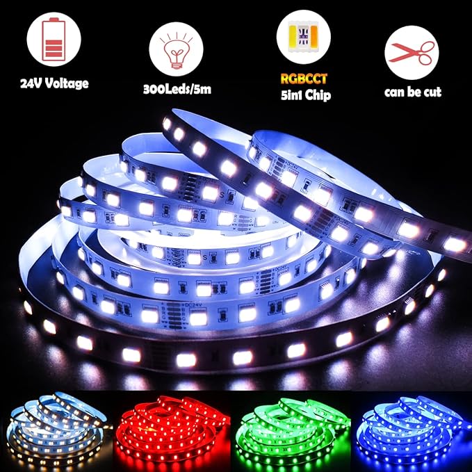 24V 5 in 1 LED Strip Lights RGB + CCT, RGB + White + Warm White (2800K to 6500K) RGBCW 5M Mixed Colour Adjustable Light Strips IP20 300 LEDs for Bedroom, Kitchen, Advertising Decoration
