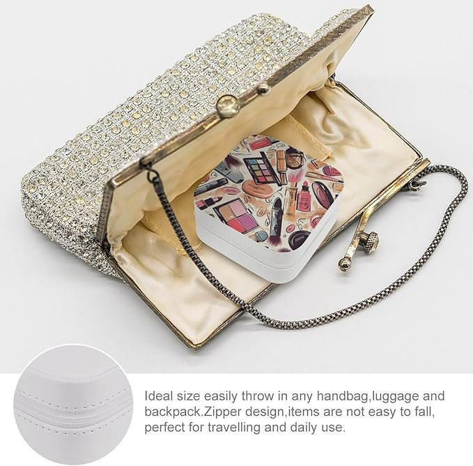 Makeup Theme Pattern Jewelry Organizer for Women, Removable Rings Tray, PU Leather Portable Jewelry Box with Zipper, Necklace Storage Case, Large Earring Holder