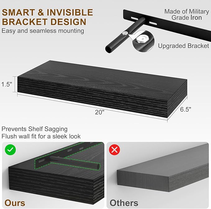 Fun Memories Floating Shelves for Wall, 20Inch Floating Shelves Set of 2, Hanging Shelf with Invisible Brackets, Wood Shelves for Living Room, Bedroom, Kitchen, Black