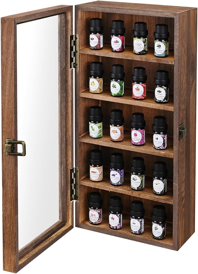 Ikee Design Wall Mounted Wooden Collectible Display Case 5 Shelf Display Storage Accessories with Tempered Glass Door, Sunglass Cabinet, Wall Shadow Box, Brown Color