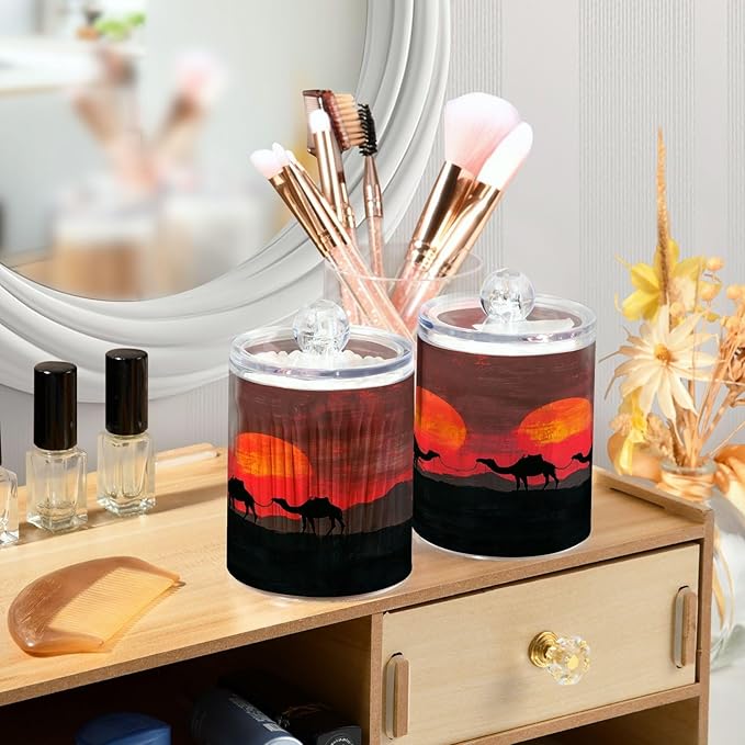 Nander 2Pack Sunset Desert Camel Qtip Holder Dispenser -Clear Plastic Apothecary Jars Set - Restroom Bathroom Makeup Organizers Containers for Cotton Swab, Ball, Pads, Floss