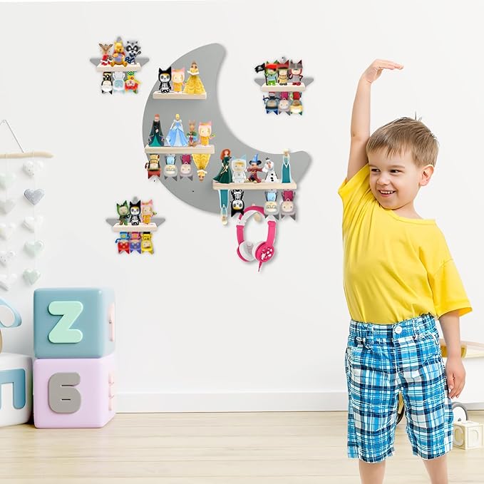 for Toniebox Starter Tonie Shelf Wall Mounted Set,Tonies Figures Tonies Storage,Magnetic Wooden Floating Shelves Compatible with Tonie box Player Character for Children Room (grey-without box shelf)