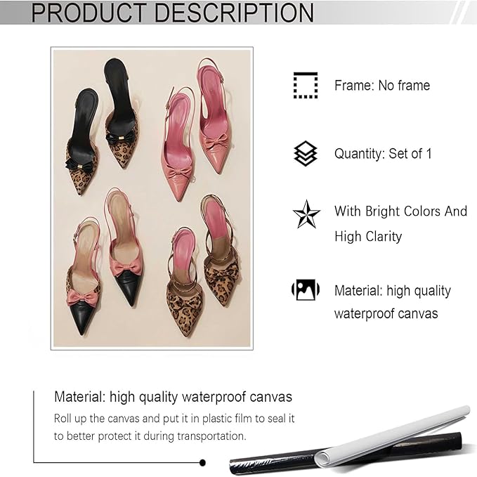 Pink Heel Leopard Posters Trendy Bow Leopard Heels Canvas Wall Art Coquettish Preppy Girly Decor Pink Sexy Aesthetic Prints Painting For Dormitory Bedroom Apartment 16x24in Unframed