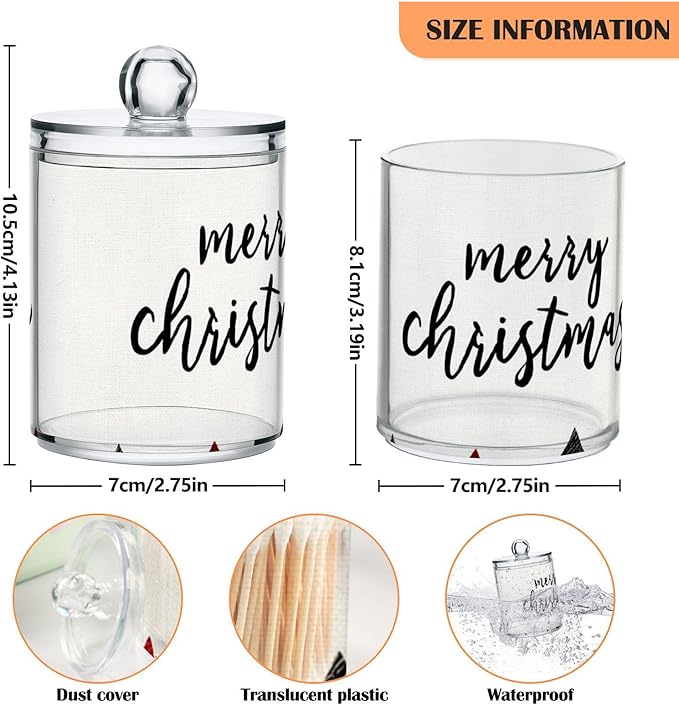 2 Pack Apothecary Jars Merry Christmas Black Checkered Bathroom Vanity Storage Organizer Set,Small Clear Plastic Storage Jars Bathroom Canister for Cotton Swabs, Rounds, Balls, Qtips,Makeup Spo