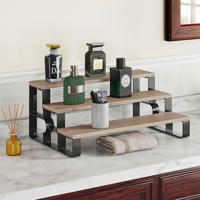 3 Tier Cologne Organizer for Men,Perfume Stand for Dresser,Makeup Organizer for Vanity,Display Riser Stand,Wooden Bathroom Countertop Stand for Bedroom,Dressing(Walnut,Width=11.2")