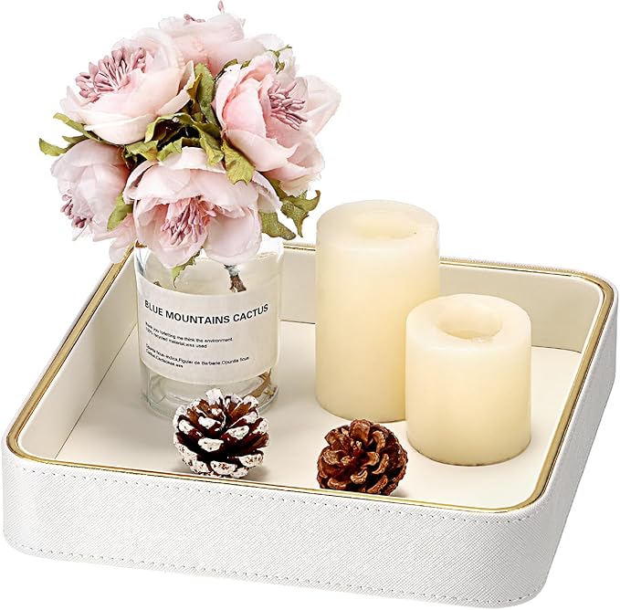 Hipiwe Perfume Tray Valet Tray Night Stand Bedside Organizer Perfume Organizer Catchall Trays PU Leather Bathroom Vanity Tray for Dresser Countertop Perfume Holder Women