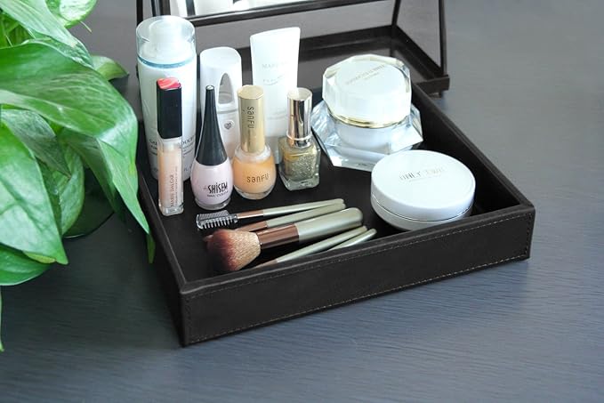 HofferRuffer Faux Leather Vanity Tray, Elegant Desktop Storage Organizer, Decorative Catchall for Perfume, Bathroom Valet, Nightstand or Dresser, Black, 10.2 x 8.4 x 1.8 Inches (Pack of 2)