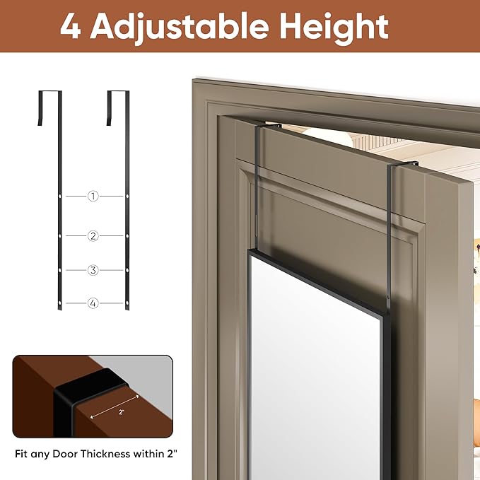 Antok 48''x 14'' Full Length Mirror Over Door, 4-in-1 Standing Leaning Wall Mounted, Adjustable Hanging Mirror for Bedroom Living Room, Black, Rect Corner