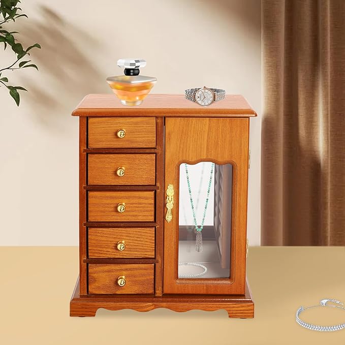 Wooden Jewelry Box, Jewelry Organizer With 5 Drawers Built-in Necklace Carousel and Mirror for Necklaces, Earring, Rings (Light Wood Color)