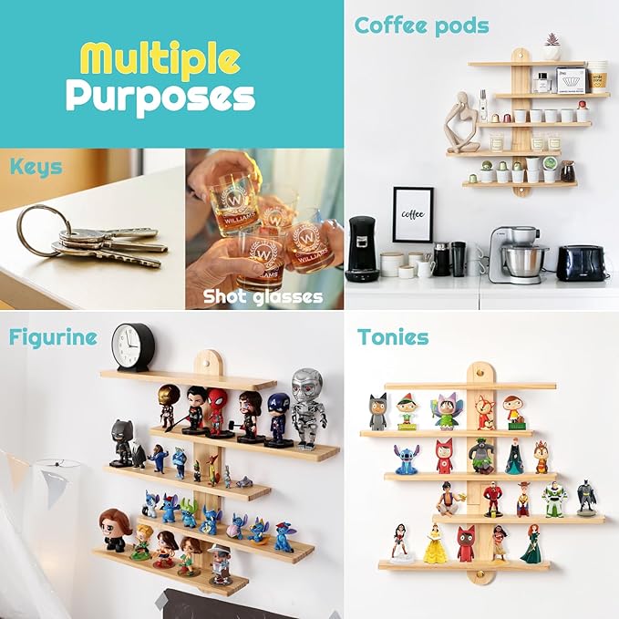 Wooden Floating Shelves for Wall, Small Wood Display Shelves Rack for Collectibles-Figures, Mini Decor, Toy, Toniebox - 16 inches Sliding Trinket Shelf with 2 Types of Installation