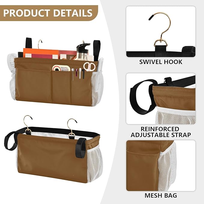 Brown Bedside Caddy Storage Bag Bedside Organizer for Bunk Bed Headboards College Organizer Caddy Hanging Shelf 6 Pockets with Hooks for Drinks Magazine Phone Holder