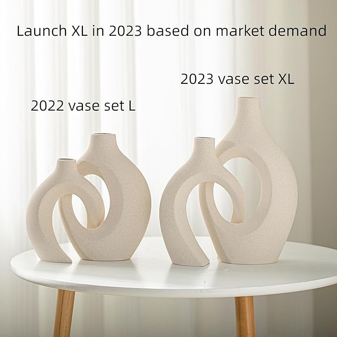 Lvases Snuggle Hollow Ceramic Vase Set of 2, Boho ins Style Round Nordic Mid Century Modern Aesthetic Decorative Vase for Home Decor (Cream W 6.8" X H 11")