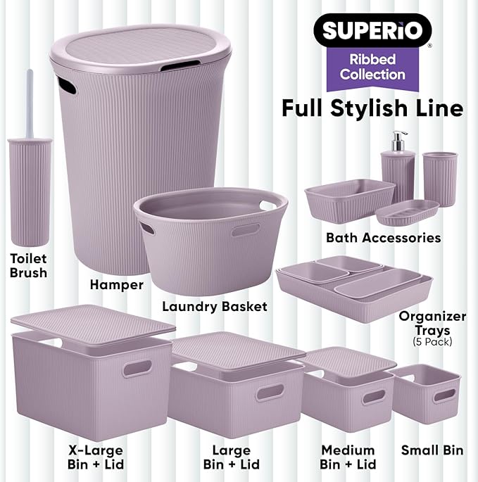 Superio Ribbed Collection - Decorative Plastic Basket Open Home Storage Bins Organizer, Small Lilac Purple (4 Pack) Container Boxes for Organizing Closet Storage Bins for Shelves 1.5 Liter
