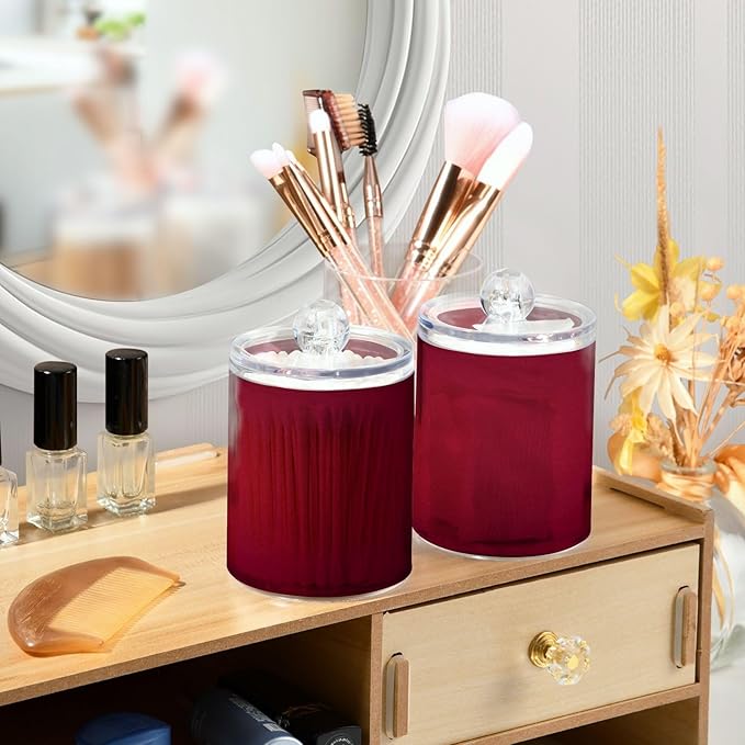 Burgundy Red Solid Color 2 Pack Qtip Holder Dispenser Clear Plastic Apothecary Jar with Lid Bathroom Organizer Vanity Makeup Storage Containers for Cotton Ball, Cotton Swab, Floss