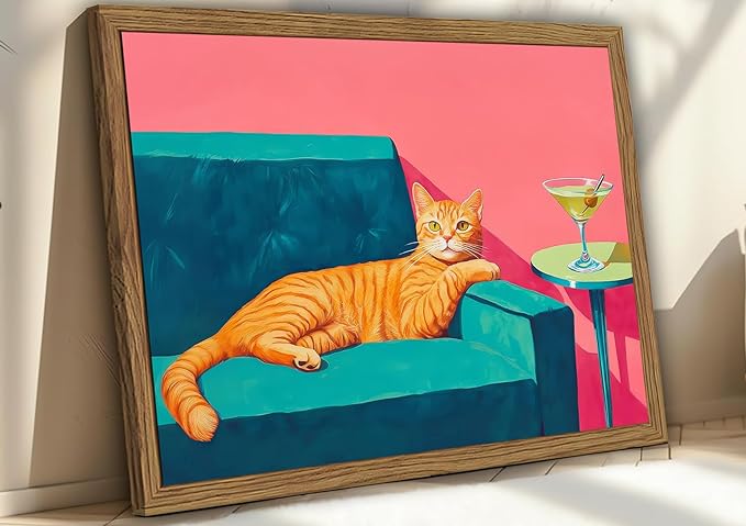 Funny Cat Wall Art Orange Cat With Martini Wall Decor Painting Whimsical Animal Cocktail Bar Cart Poster Canvas Prints Quirky Pet Lover Picture for Bedroom Living Room Wood Framed 12x16 inch