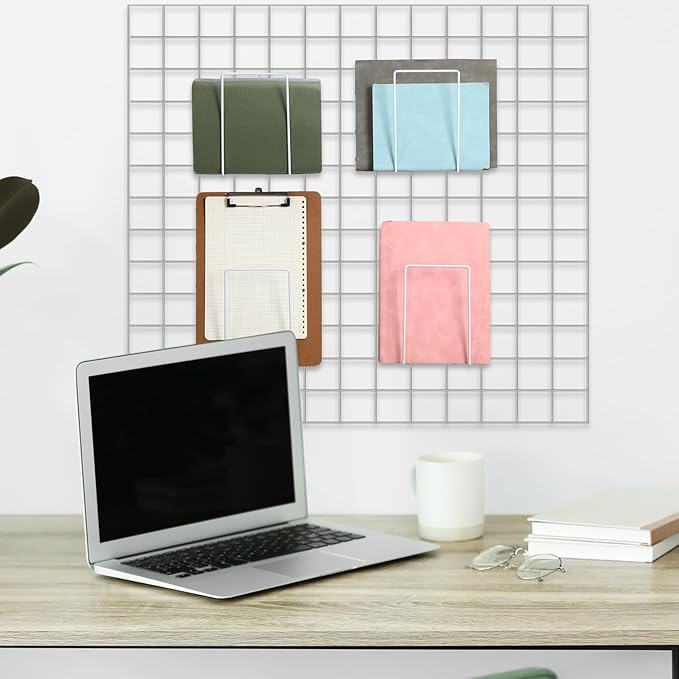 MorningRo 4 Pack Wall Grid Panel Accessories Gridwall Shelf Metal Wire Magazine Holder Literature Display Book Mail Card File Organizer Bookshelf Hooks for Exhibition Trade Show Office Retail (White)