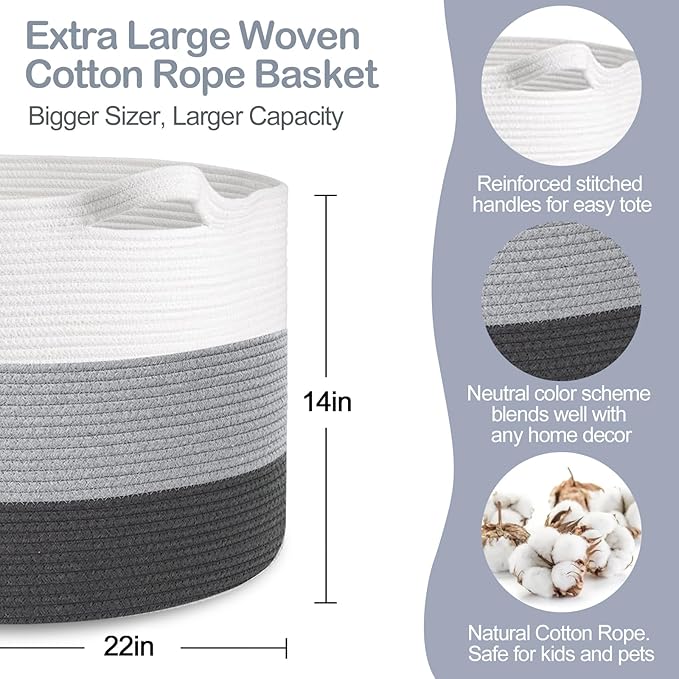 MEGASKET Extra Large Cotton Rope Basket, 22” X 22” X 14” Blanket Storage for Living Room, Soft Kids Dog Toy Bin Box, Woven Round Baskets for Organizing, Big XXL Blanket Pillow Holder Organizer