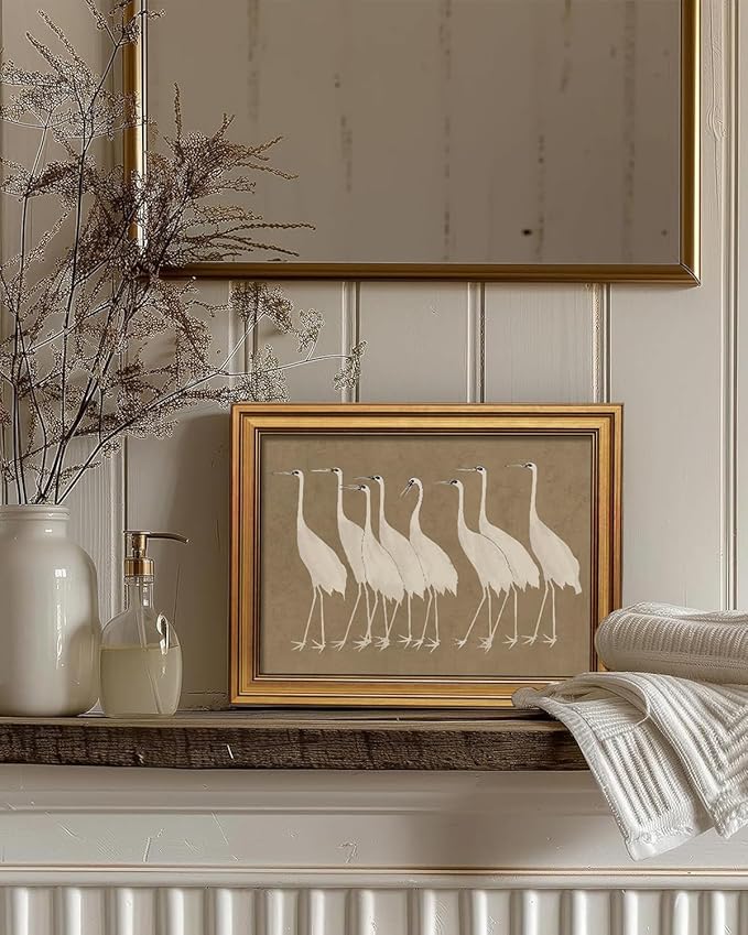 InSimSea Gold Framed Canvas Prints Wall Art, Vintage Bathroom Decor, Classical Cranes Animals Paintings Farmhouse Wall Decor Aesthetic, Retro Pictures for Bedroom Living Room Shelf, 12x16inch