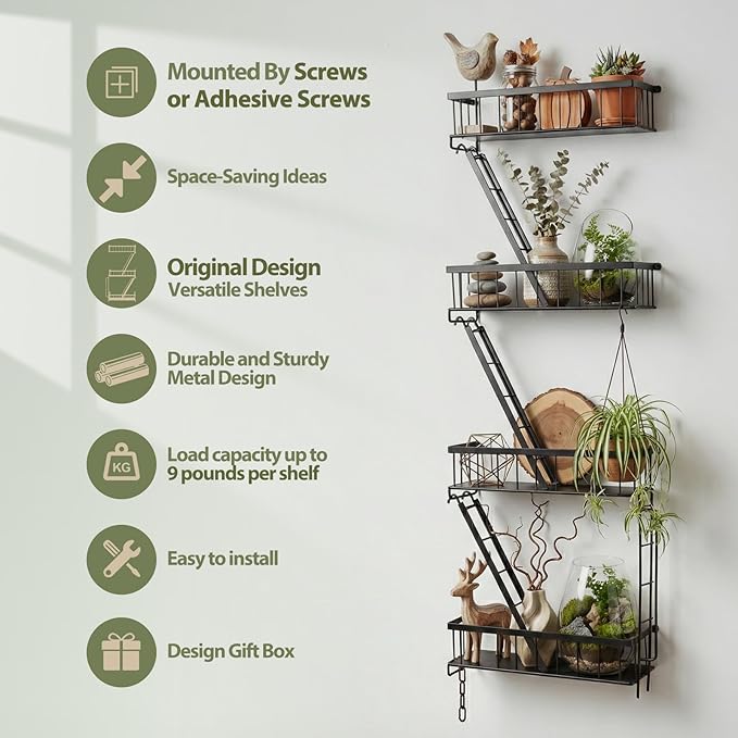 SweetSage Fire Escape Wall Shelf 4 Tier - NYC Decorative Floating Shelf Black Metal Book Shelves for Home Office Apartment Organizer and Display