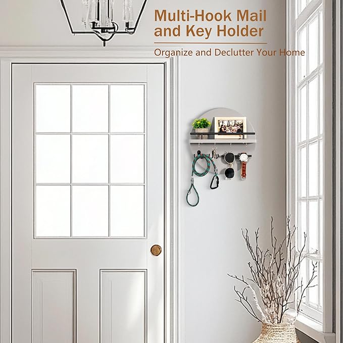 Key Holder for Wall Decorative with Shelf and Hooks, Unique Mail Organizer Wall Mount with Sunglasses Holder, Cute Circular Design Entryway Key Rack Hanger, Rustic Home Decor Boho Wall Decor (grey)